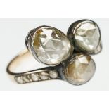 19th century diamond unmarked gold and silver set ring, three oval rose cut diamonds, the