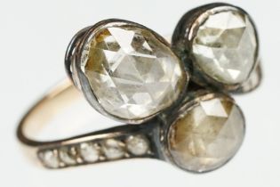 19th century diamond unmarked gold and silver set ring, three oval rose cut diamonds, the