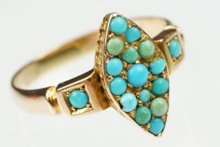 Early 20th century turquoise yellow metal ring, the marquise head full set fifteen small round