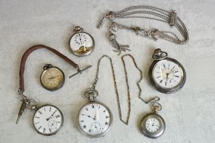 Collection of pocket watches and fob watches to include a silver open face top wind pocket watch;