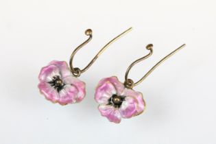 Pair of enamelled earrings modelled as pansy flowers, pink enamel to the front, pale blue/ white