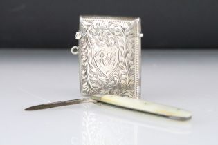 Late 19th century silver vesta case, engraved foliate scroll decoration, initialled cartouche,