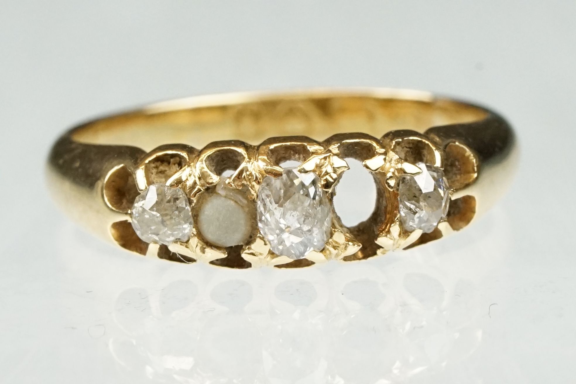 Victorian diamond and pearl yellow gold ring. three old cut diamonds, single seed pearl, one - Image 2 of 8