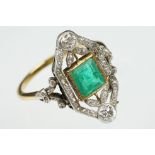 Art Deco emerald and diamond unmarked yellow gold and platinum ring, the square step cut emerald