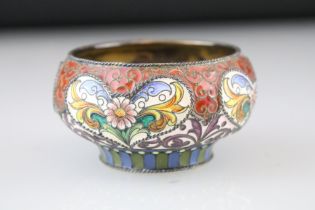 Early 20th Century silver cloisonne enamelled table salt. The table salt having a red ground with