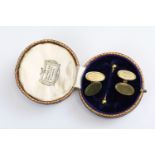 Pair of 18ct yellow gold chain link panel cufflinks, oval engine turned panels, engraved initials