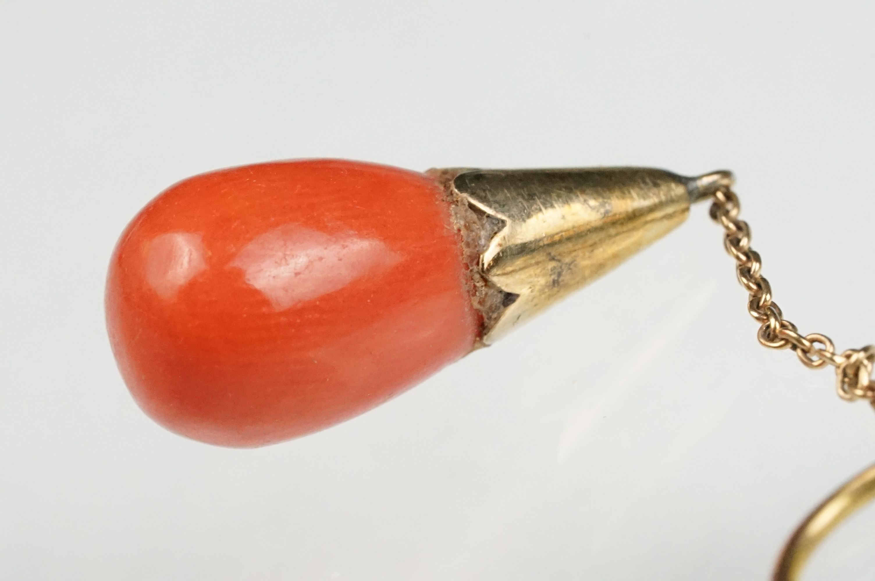 Pair of early 20th century coral 9ct yellow gold drop earrings, the tapered coral with conical - Image 5 of 6