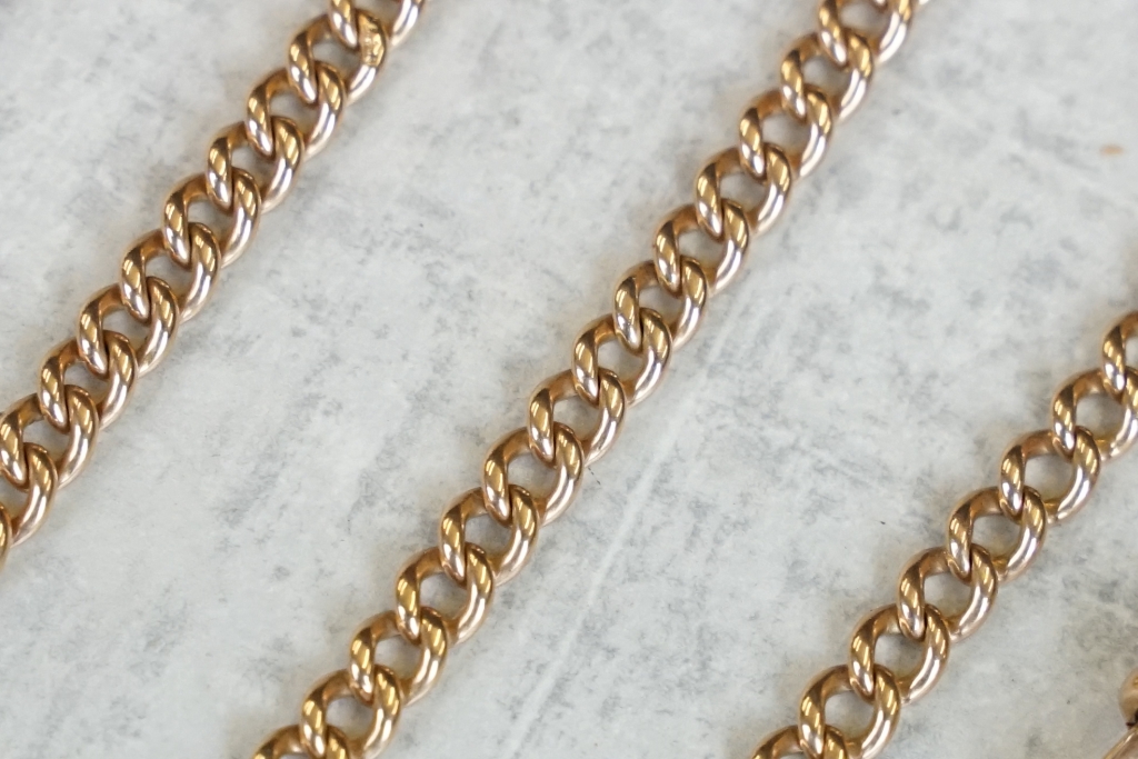 15ct rose gold curb link watch chain with t bar , each link hallmarked, dog clip, and two bolt - Image 3 of 4