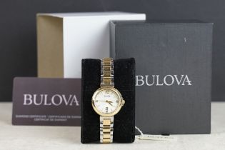 Bulova ladies wristwatch, mother-of-pearl dial, date aperture, stainless steel, C977819, with tag,
