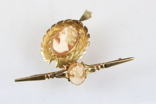 Cameo 9ct yellow gold pendant, the female profile facing left, laurel leaf surround; together with a