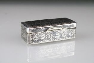 Mid 19th century Russian niello silver snuff box, geometric decoration, gilt lined interior,