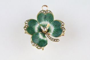 Victorian diamond and seed pearl enamel yellow metal pendant brooch modelled as a four leaf