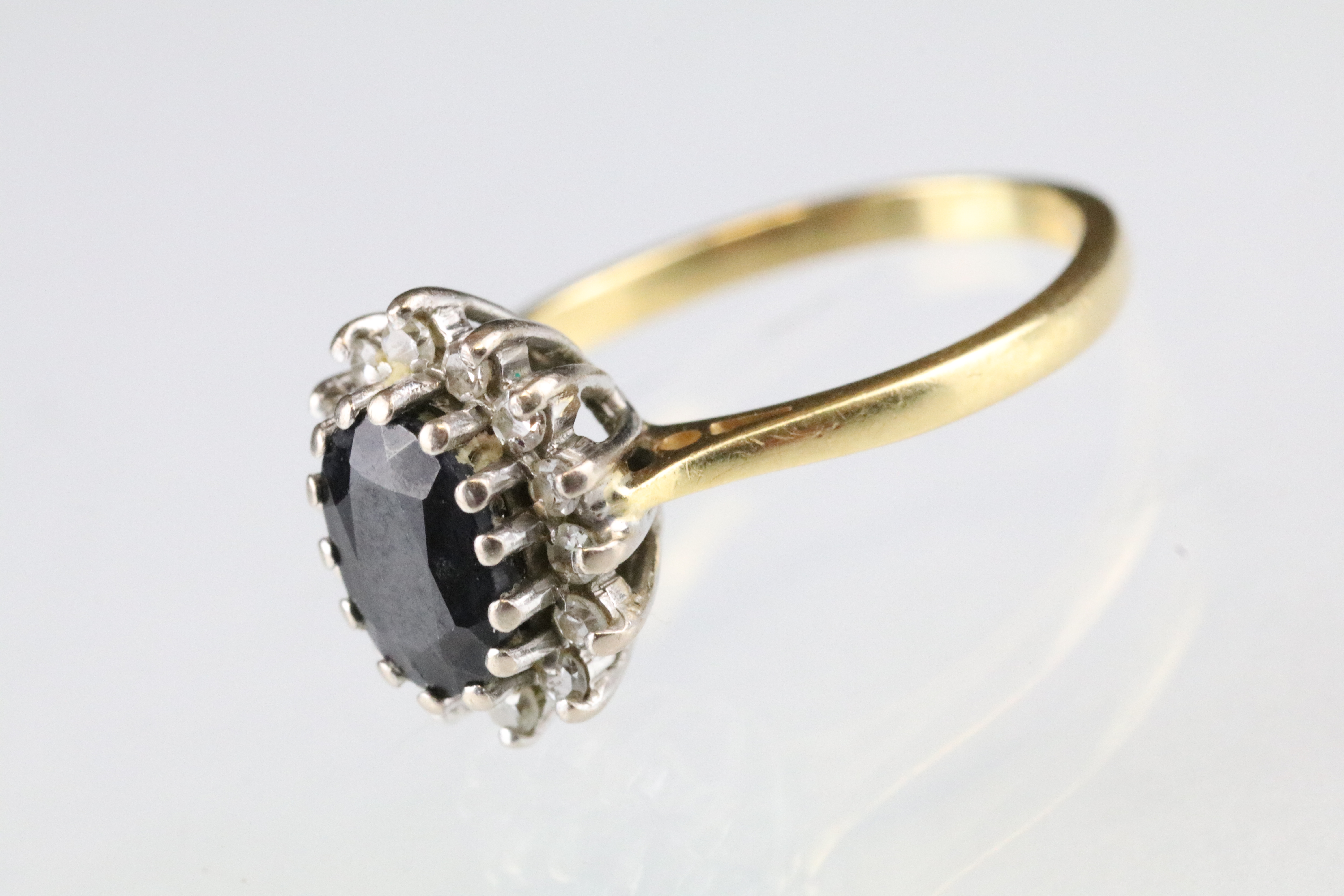 Sapphire and diamond 18ct yellow gold cluster ring, blue-black oval mixed cut sapphire, small - Image 11 of 15