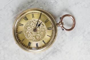 Early 20th Century 9ct gold cased fob pocket watch. The watch having a gilt face with floral