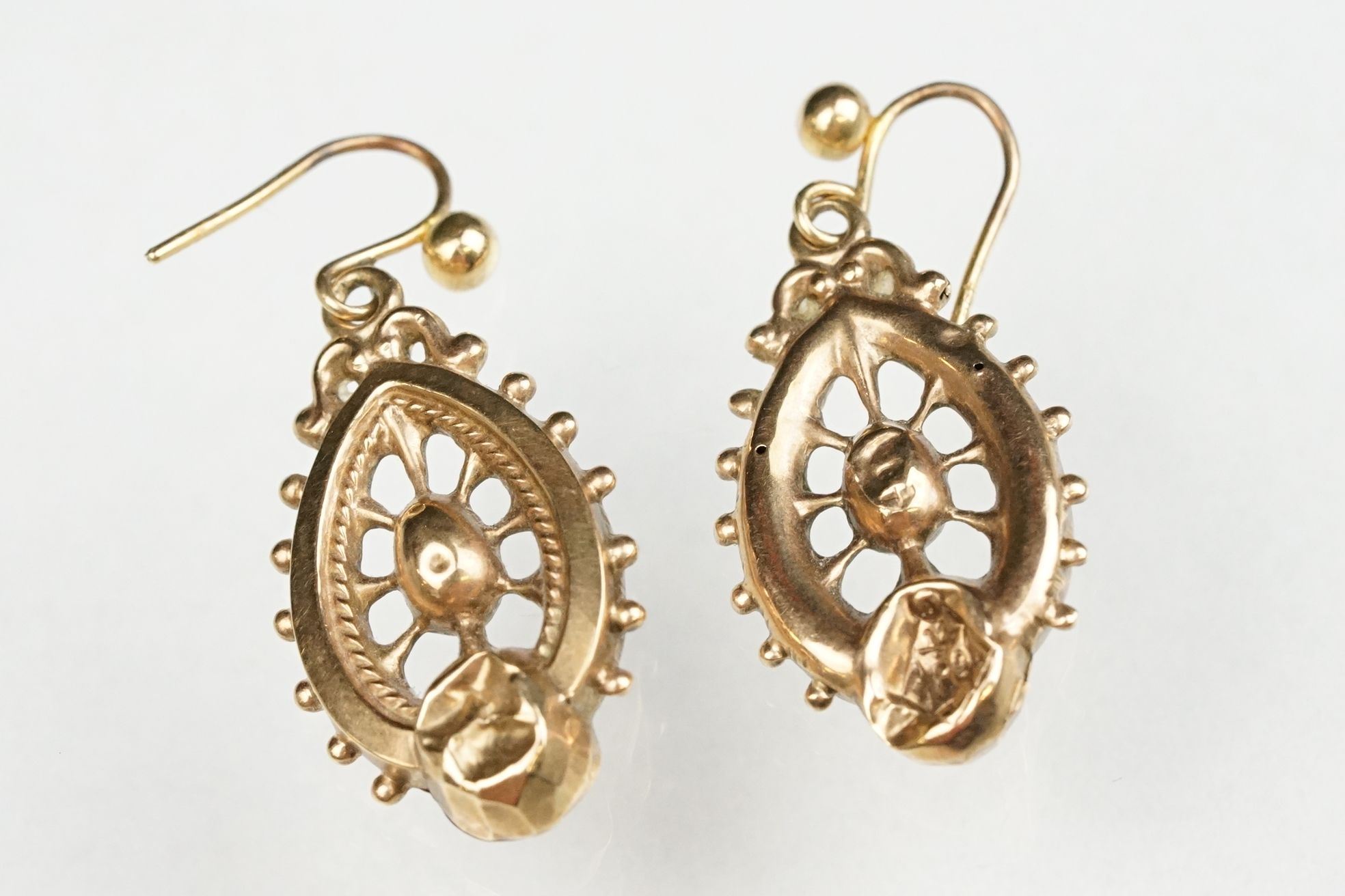 Three pairs of 19th Century Victorian earrings to include a pair of 9ct gold drop earrings, and - Image 7 of 8