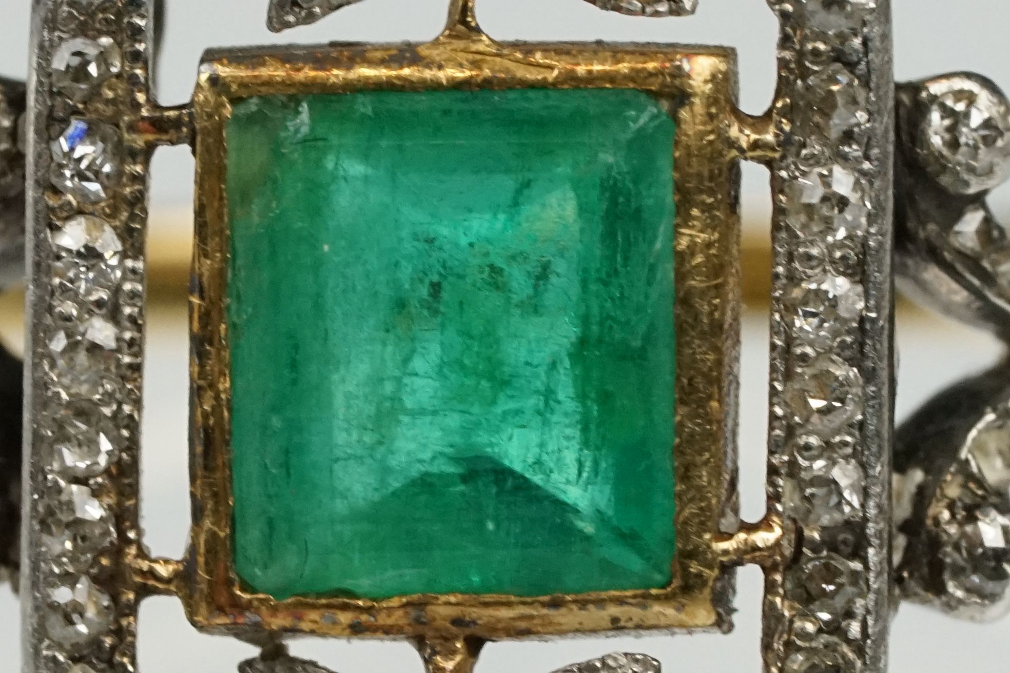 Art Deco emerald and diamond unmarked yellow gold and platinum ring, the square step cut emerald - Image 6 of 14