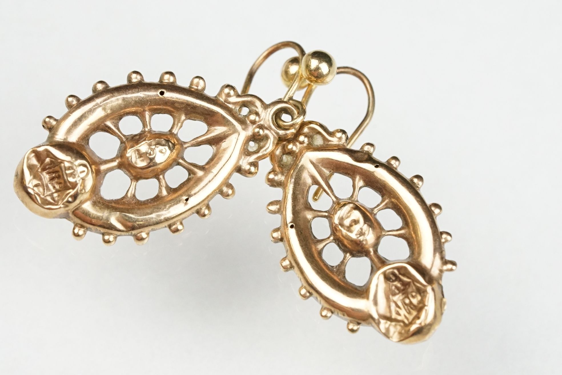 Three pairs of 19th Century Victorian earrings to include a pair of 9ct gold drop earrings, and - Image 8 of 8