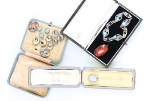 Butterfly wing silver panel bracelet; a carnelian rose metal brooch; a plated stick pin; a