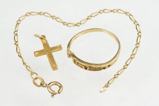 9ct gold cross pendant, a yellow metal ring (af) and a part broken chain stamped 750, the clasp