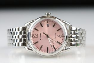 Citizen Eco-Drive stainless steel wristwatch, pink dial, date aperture, 851310178, boxed