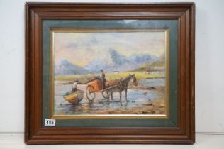 A framed oil painting, men with horse and cart gathering kelp (believed to be on the Galloway