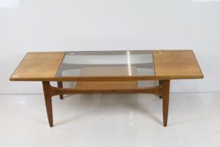 Mid century G-Plan Teak Coffee Table with inset smokey glass panel to top and shelf below, 137cm