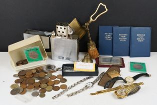 A box of mixed collectables to include vintage gents and ladies watches, coins, lighters, ....etc.