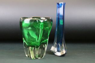 Whitefriars mid Century green cased glass molar vase together with a Whitefriars blue cased three