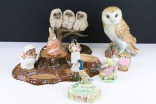 Five Beswick Beatrix Potter figurines to include 'Mrs Tiggy Winkle, 'Poorly Peter Rabbit',
