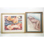 Reclining nude female, coloured lithograph, indistinctly signed below in pencil, 38.5 x 49cm, and