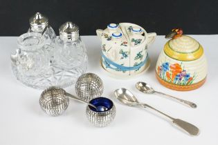 A selection of three cruet sets together with a crocus pattern honey pot.