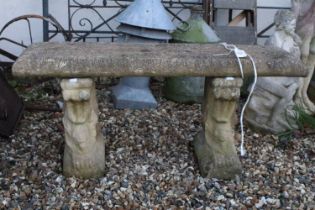 Reconstituted Stone Garden Bench with lion supports, 106cm long x 46cm high