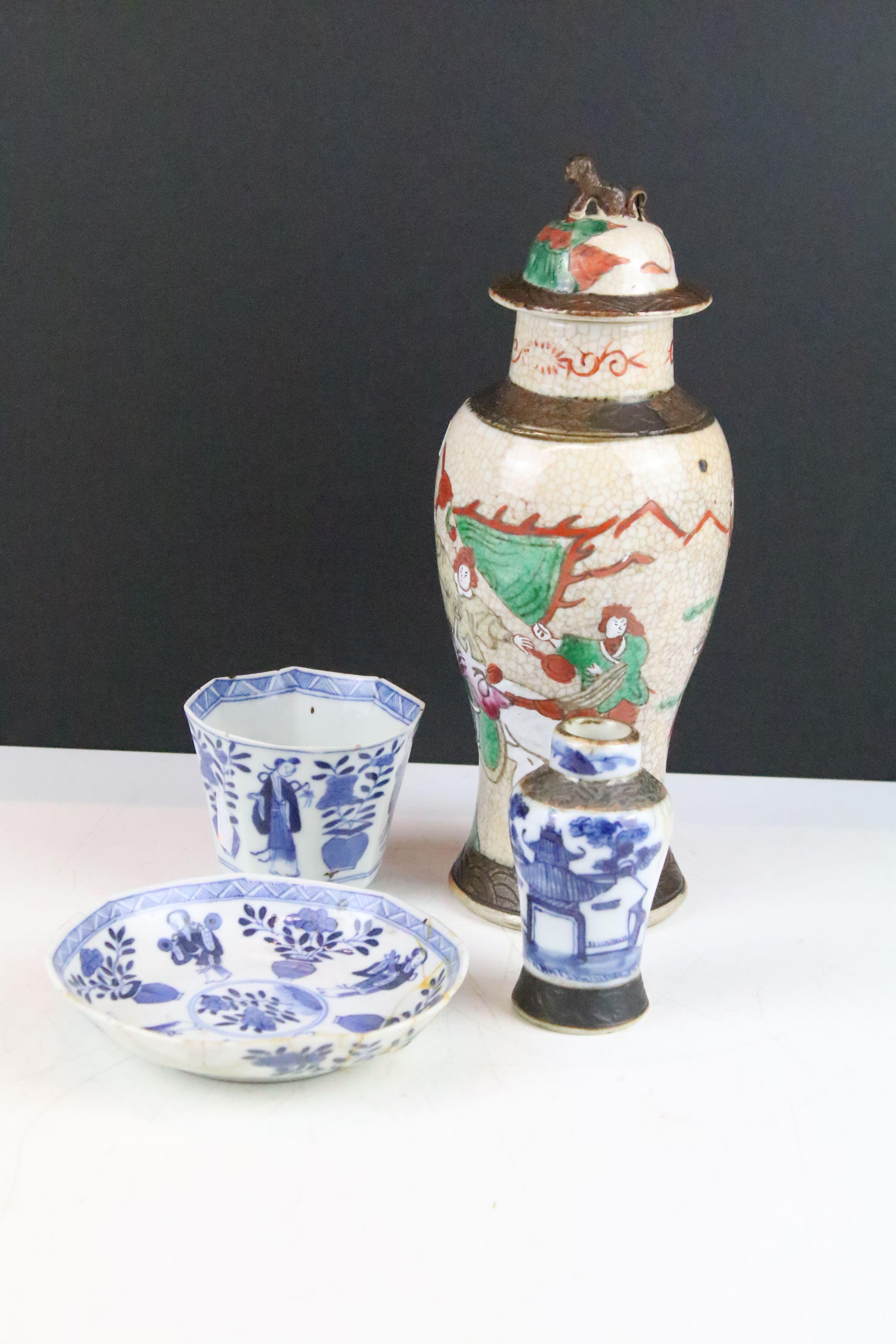 Group of 19th Century and later Chinese ceramics to include a blue and white dish featuring vases