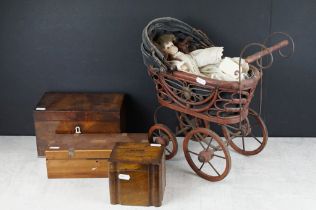 19th century mahogany twin-compartment tea caddy (23cm wide), together with a Jerusalem olive wood