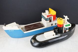 Two scratch built painted wooden model boats to include a 'Daniel Amsterdam' tug boat (41cm long)