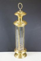 Late 19th century hanging brass lantern of hexagonal form, the bevelled glass panels with etched