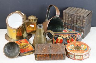 Assorted tins and collectables to include a Huntley & Palmers tin in the form of a stack of books,