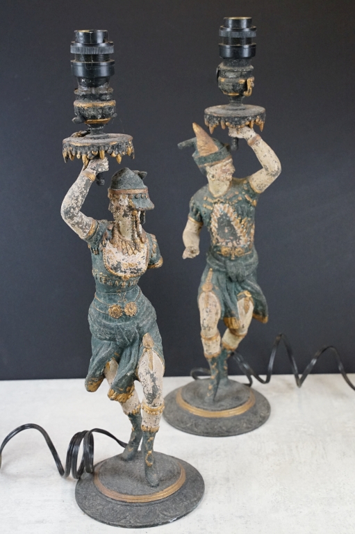 Pair of late 19th century Egyptian Revival cold painted spelter converted candlestick figural - Image 2 of 10