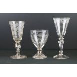 Three 18th Century etched bowl glasses to include a rummer glass with etched motto and twin heart