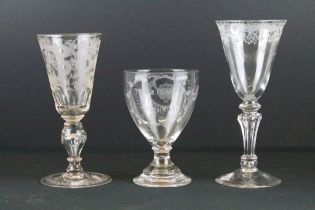 Three 18th Century etched bowl glasses to include a rummer glass with etched motto and twin heart