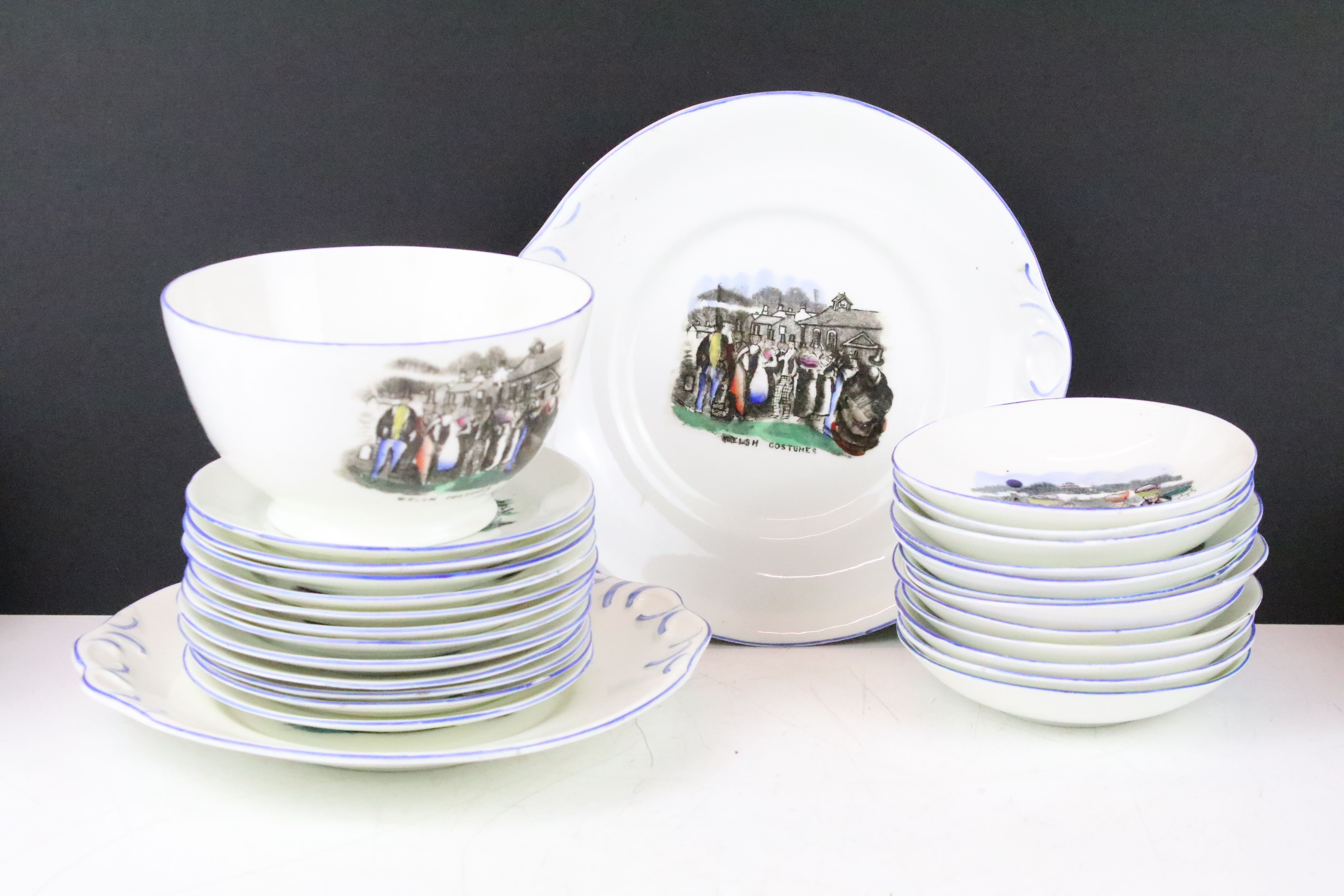 Staffordshire Pottery ' Welsh Costumes ' transfer printed tea set for 12, to include 12 teacups & - Image 2 of 6