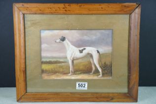 Framed oil painting study of greyhound in a country landscape, oil, 17cm x 24cm, framed and glazed