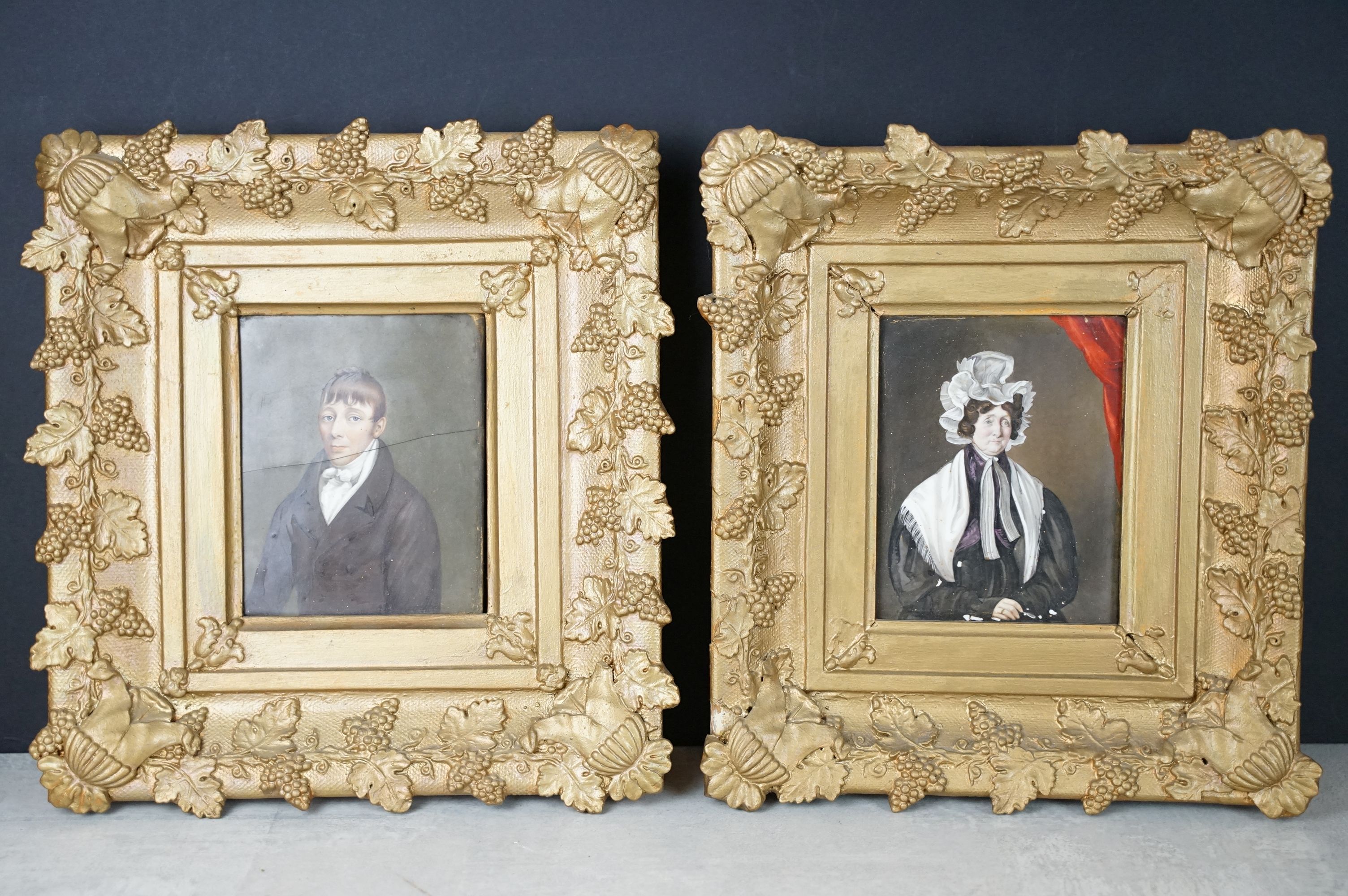 English School, half length portraits of a lady and gentleman, print on porcelain, overpainted in