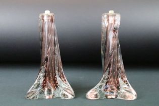 Pair of Murano art glass twist lamp bases having purple glass interiors with control bubble