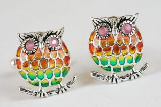 Pair of Silver and Plique A Jour Owl Cufflinks