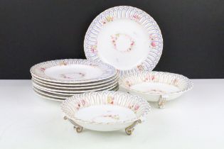 19th Century Copeland set of eight plates with floral decoration, reticulated borders and gilt