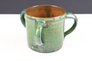 Early 20th Century C H Brannam Barum tyg three handled loving cup having engraved with verso / motto