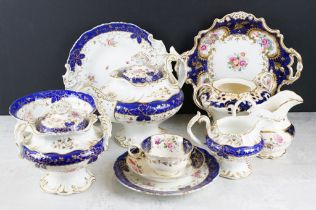 19th century tea ware with floral decoration & cobalt blue glazing on a white ground, to include