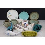 Collection of Poole Pottery, 15 pieces, to include a pair of mugs & saucers, posy vases, seal