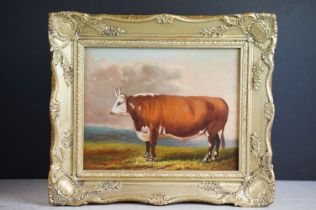 Gilt framed bovine provincial study of a Hereford Bull, oil on board, 19cm x 24cm, gilt framed